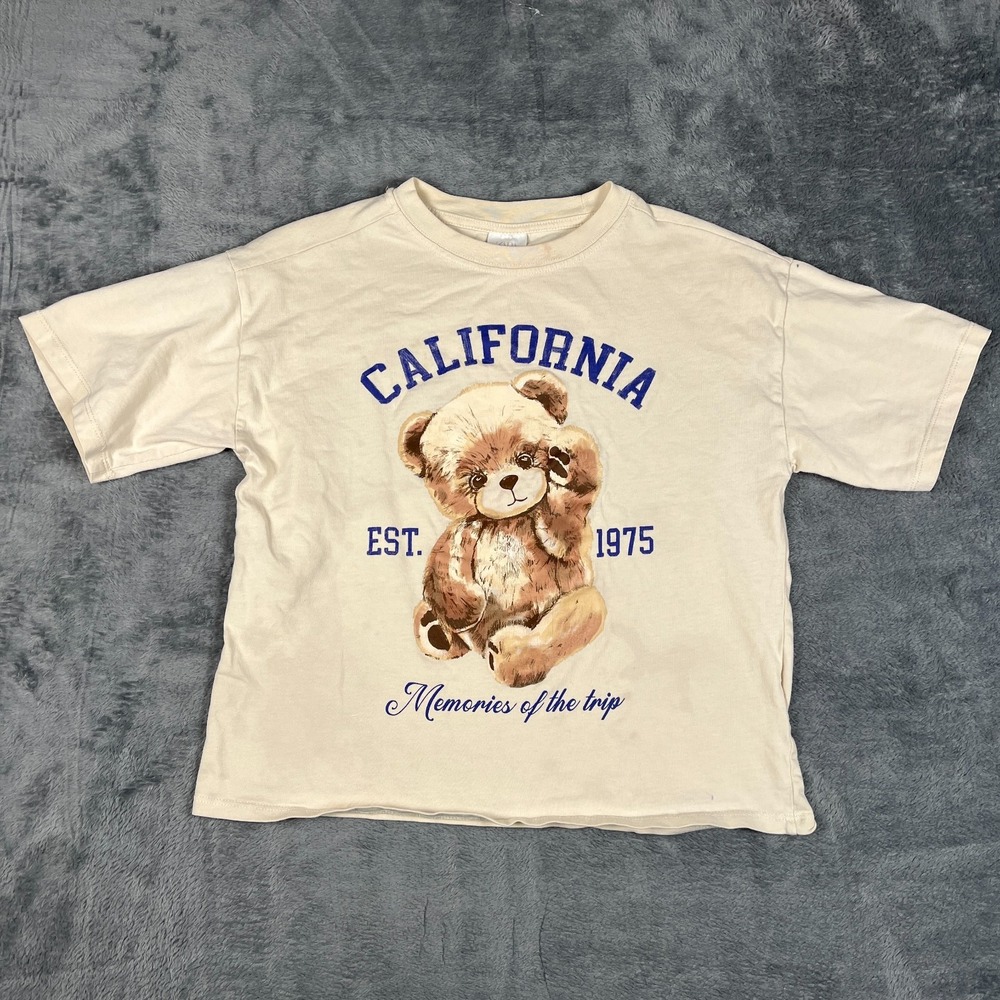 Zara T Shirt Girls 9/10 Beige Teddy Bear California Est. 1975 Logo Graphic Print